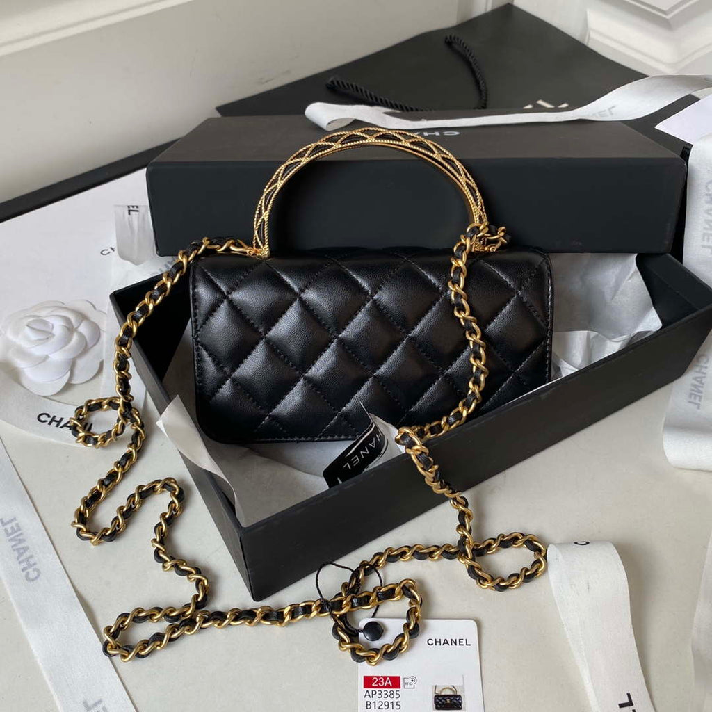 Chanel AP3385 Woc Flap Phone Holder With Chain Lambskin Black Gold
