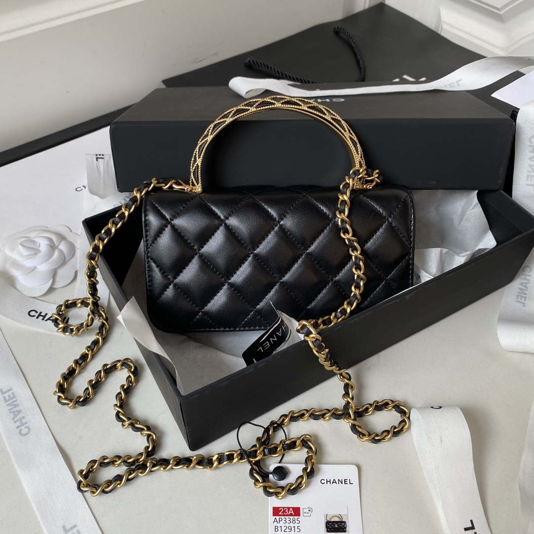 Chanel AP3385 Woc Flap Phone Holder With Chain Lambskin Black Gold