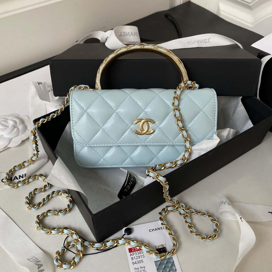 Chanel AP3385 Woc Flap Phone Holder With Chain Lambskin Blue Gold - Default Title - View 1