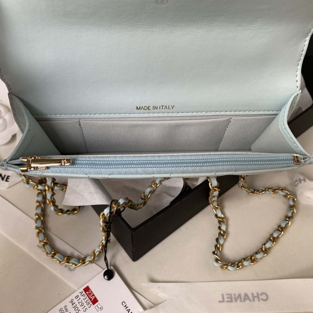 Chanel AP3385 Woc Flap Phone Holder With Chain Lambskin Blue Gold