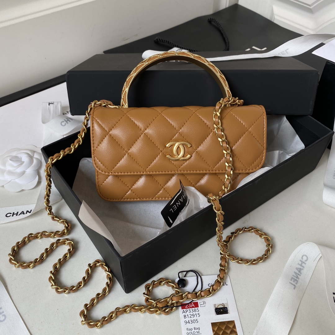 Chanel AP3385 Woc Flap Phone Holder With Chain Lambskin Caramel Gold - Default Title - View 1