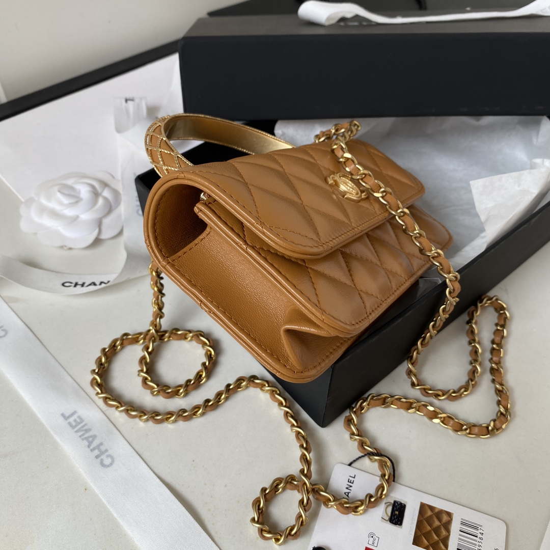 Chanel AP3385 Woc Flap Phone Holder With Chain Lambskin Caramel Gold - Default Title - View 5