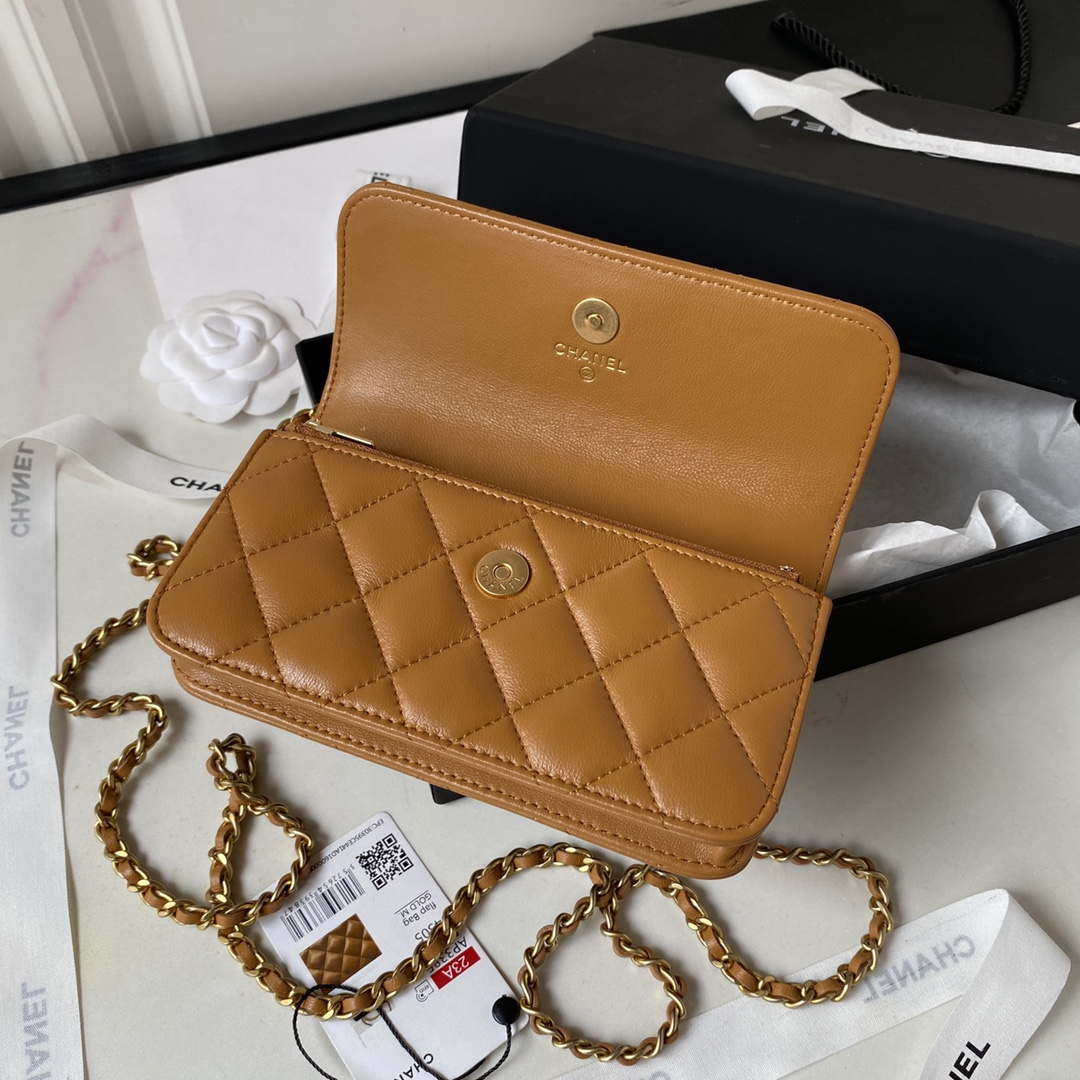 Chanel AP3385 Woc Flap Phone Holder With Chain Lambskin Caramel Gold - Default Title - View 7