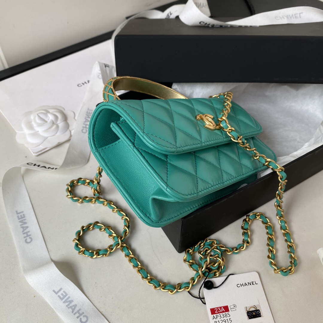 Chanel AP3385 Woc Flap Phone Holder With Chain Lambskin Green Gold - Default Title - View 5