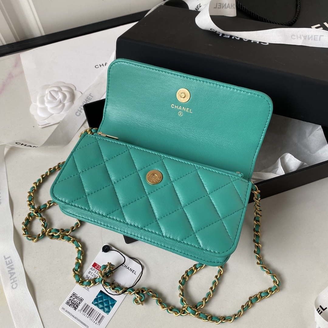 Chanel AP3385 Woc Flap Phone Holder With Chain Lambskin Green Gold - Default Title - View 8