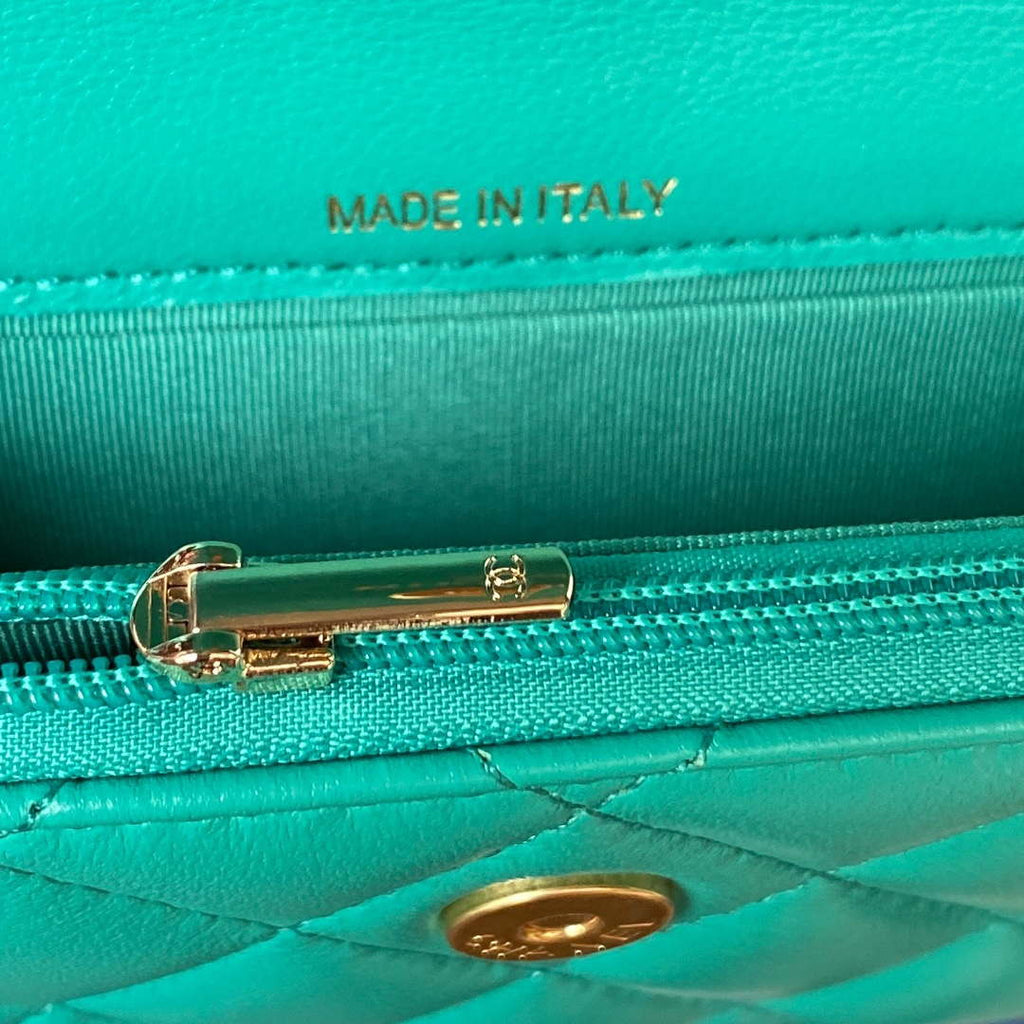 Chanel AP3385 Woc Flap Phone Holder With Chain Lambskin Green Gold