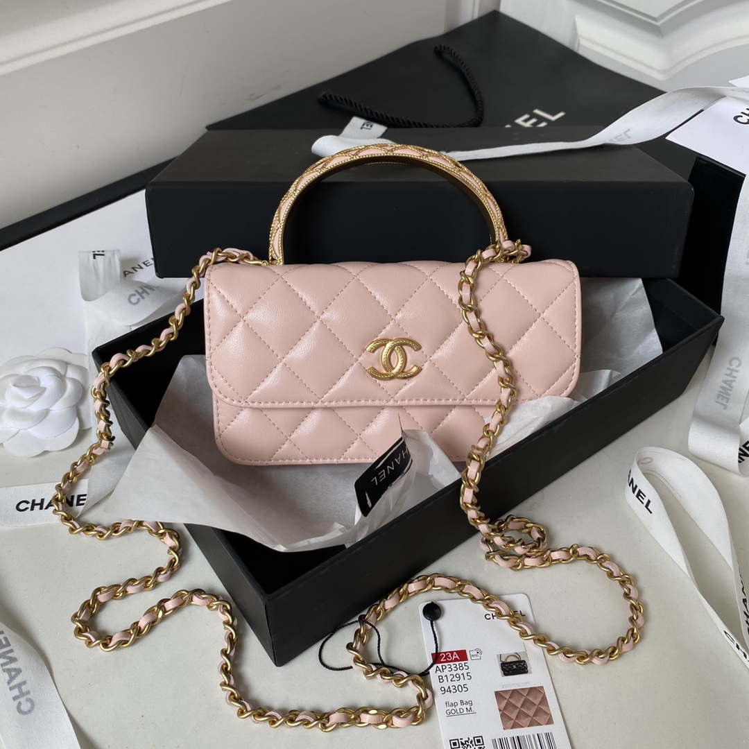 Chanel AP3385 Woc Flap Phone Holder With Chain Lambskin Pink Gold - Default Title - View 1