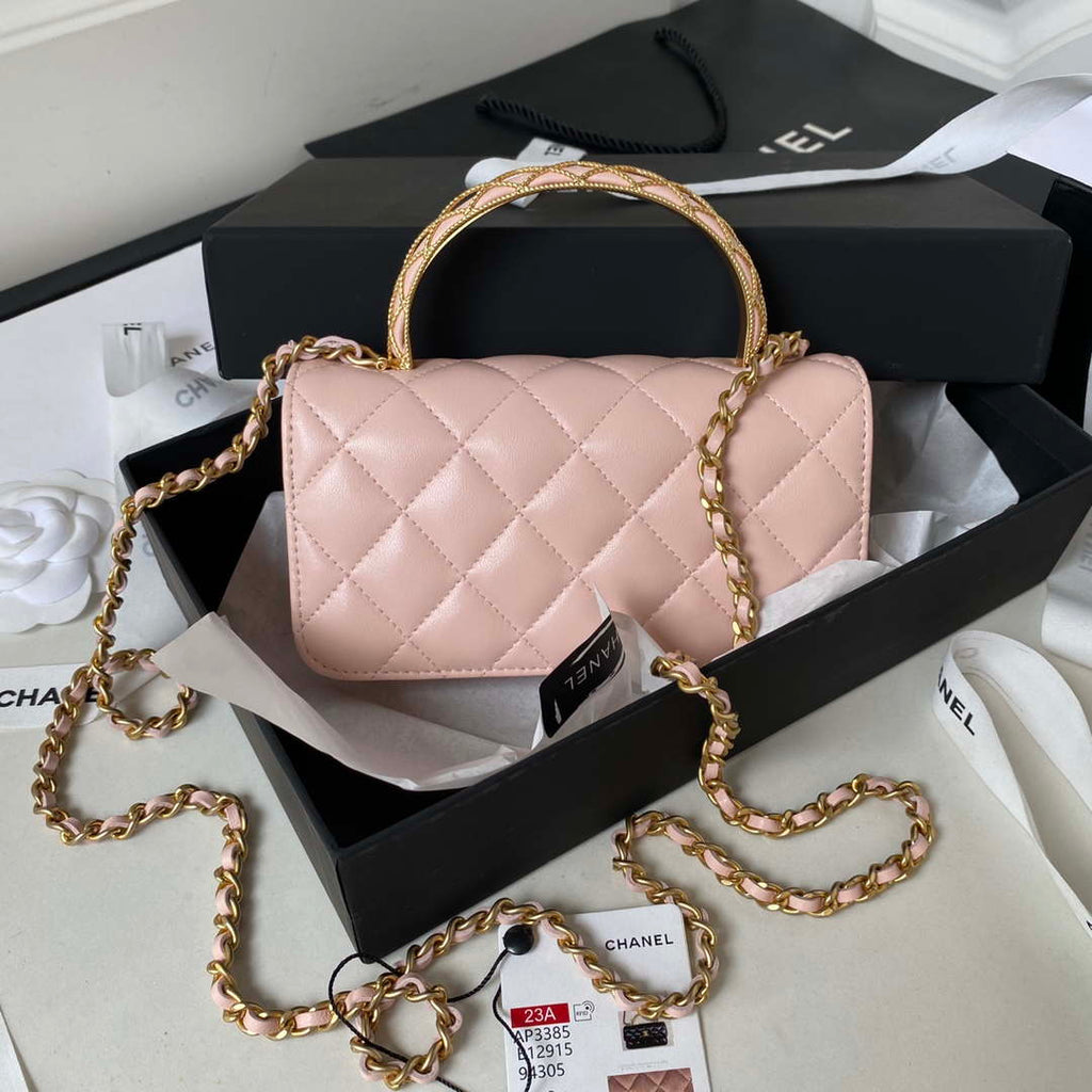 Chanel AP3385 Woc Flap Phone Holder With Chain Lambskin Pink Gold