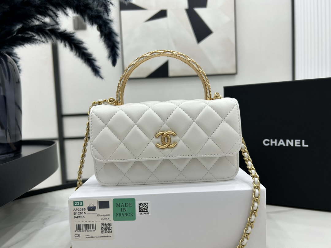 Chanel AP3385 Woc Flap Phone Holder With Chain Lambskin White Gold - Default Title - View 2