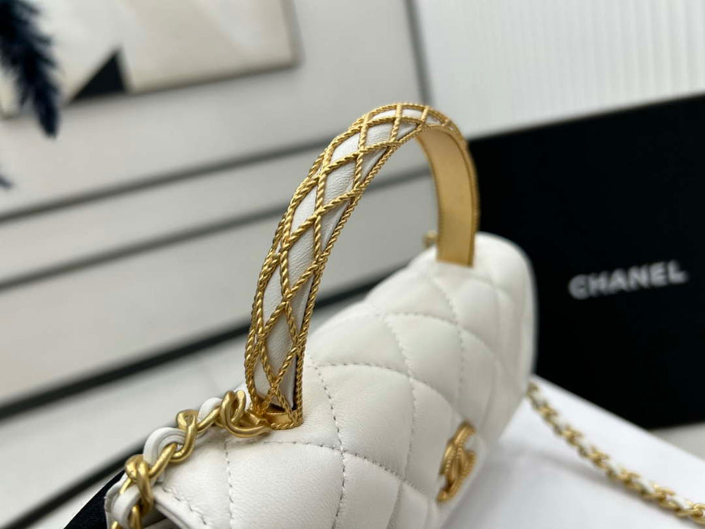 Chanel AP3385 Woc Flap Phone Holder With Chain Lambskin White Gold