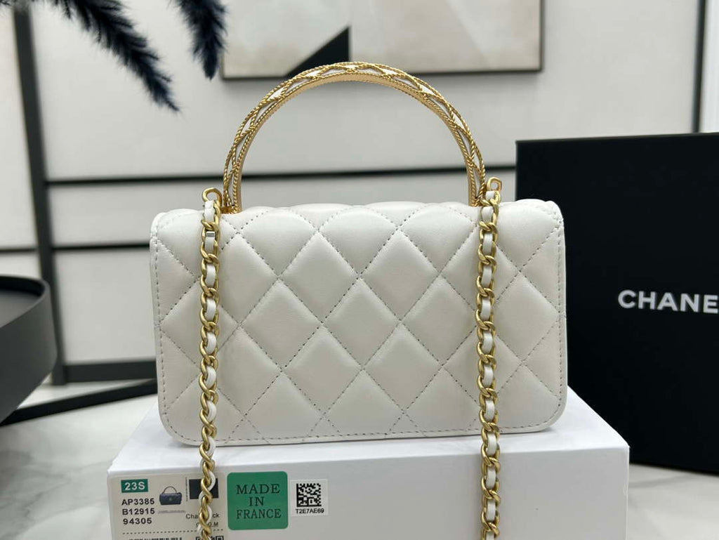 Chanel AP3385 Woc Flap Phone Holder With Chain Lambskin White Gold