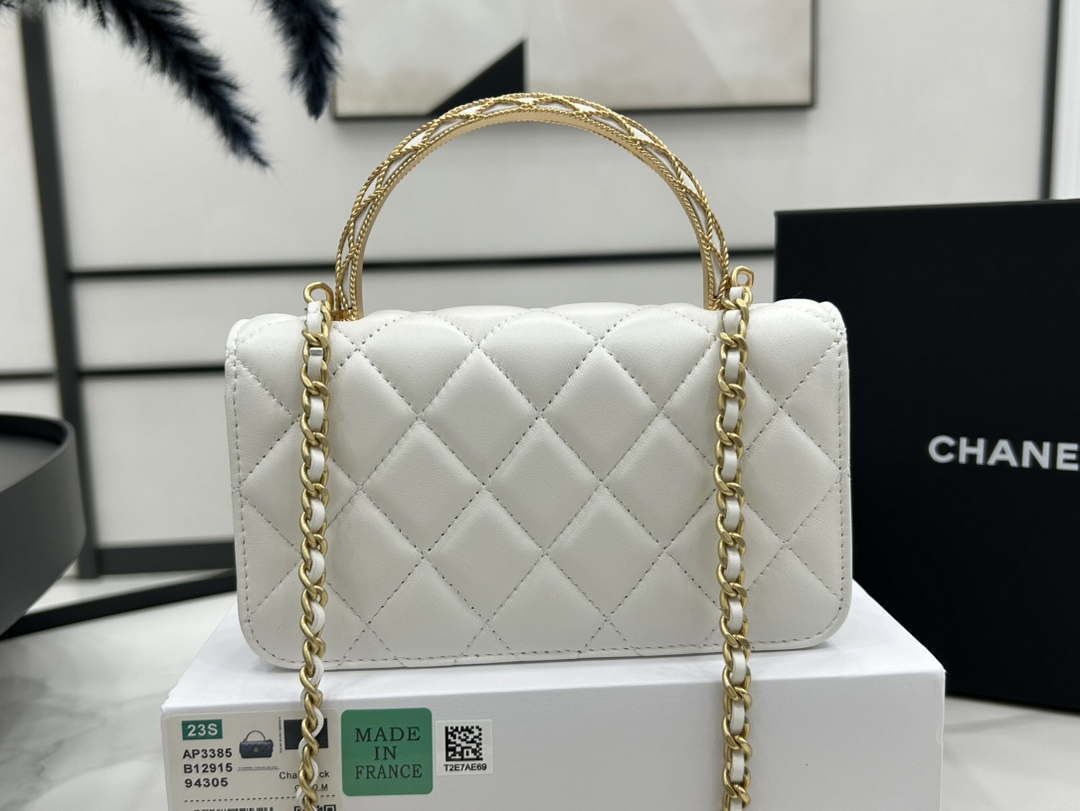 Chanel AP3385 Woc Flap Phone Holder With Chain Lambskin White Gold