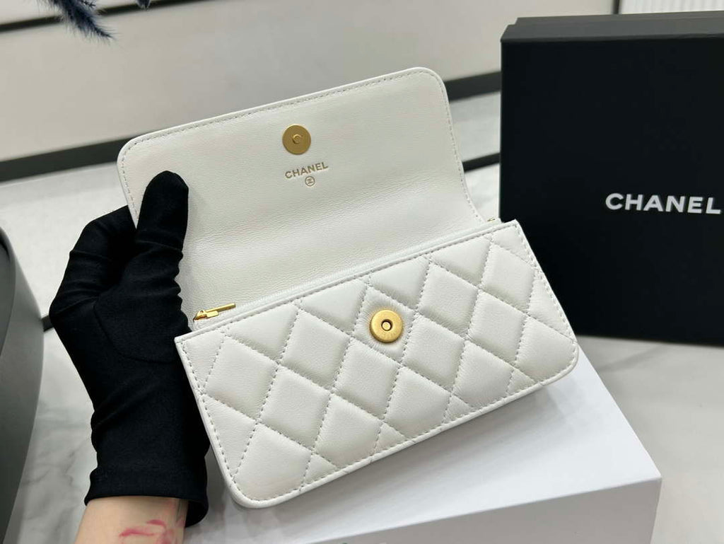 Chanel AP3385 Woc Flap Phone Holder With Chain Lambskin White Gold