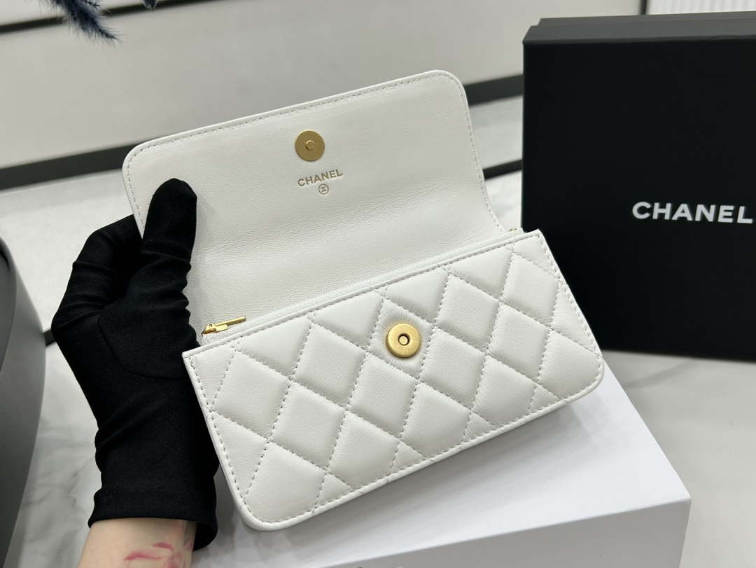 Chanel AP3385 Woc Flap Phone Holder With Chain Lambskin White Gold