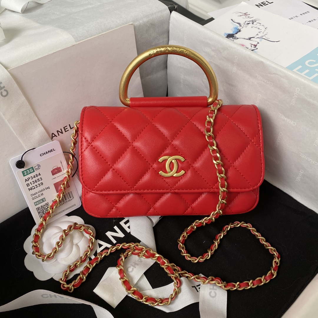 Chanel AP3484 CLUTCH WITH CHAIN Shiny Lambskin & Gold-Tone Metal Red - Default Title - View 1