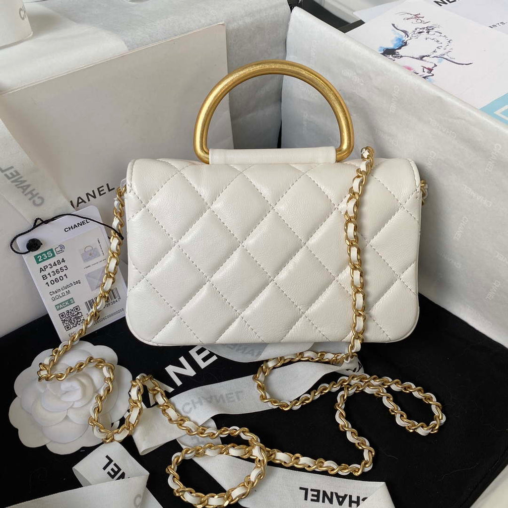 Chanel AP3484 CLUTCH WITH CHAIN Shiny Lambskin & Gold-Tone Metal White