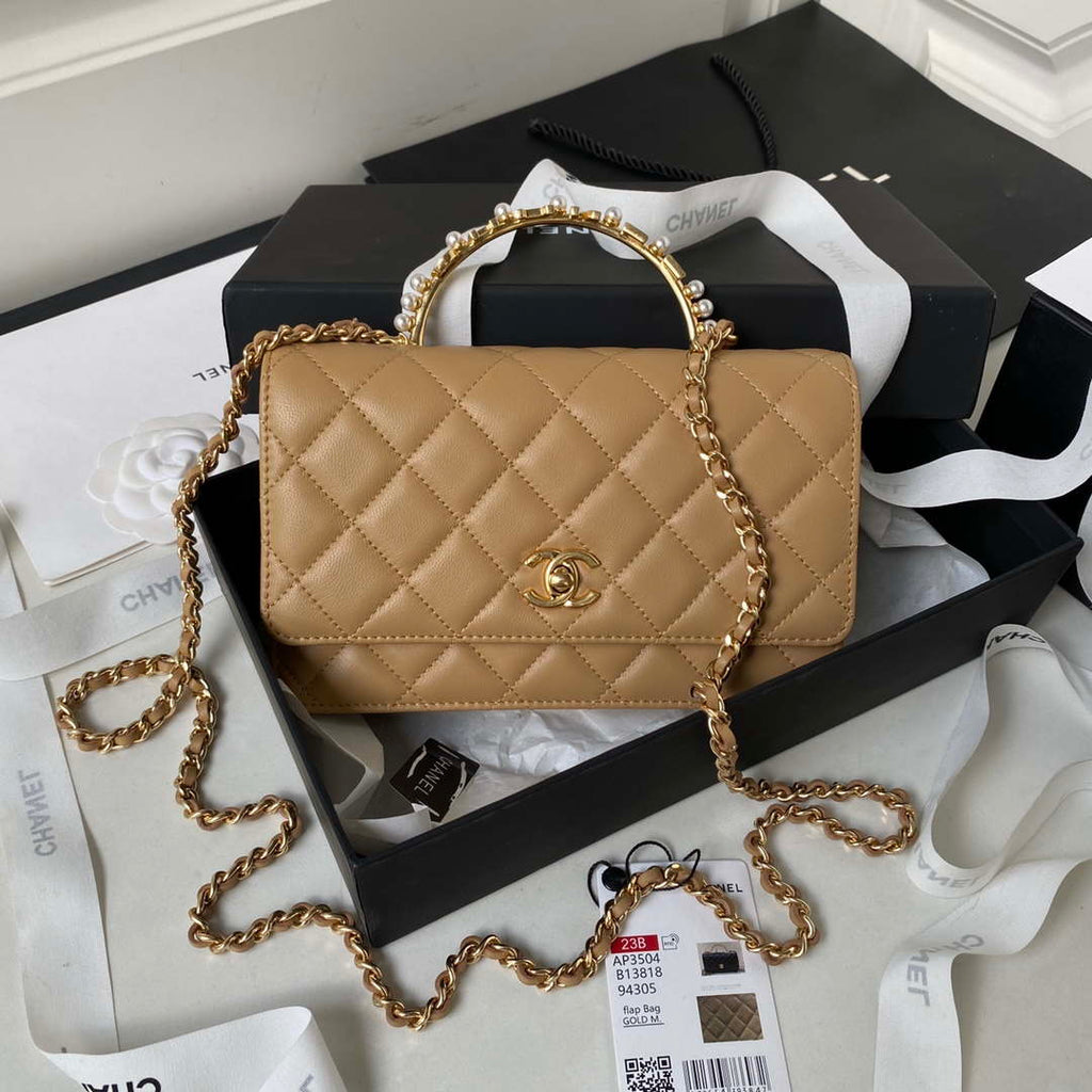 Chanel AP3504 Woc Wallet On Chain lambskin Imitation Pearls Strass & Gold Apricot