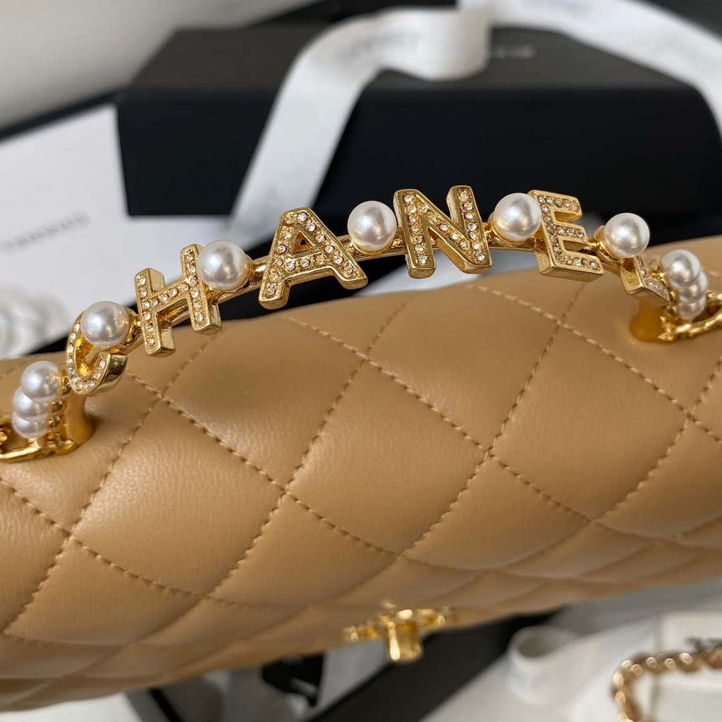 Chanel AP3504 Woc Wallet On Chain lambskin Imitation Pearls Strass & Gold Apricot