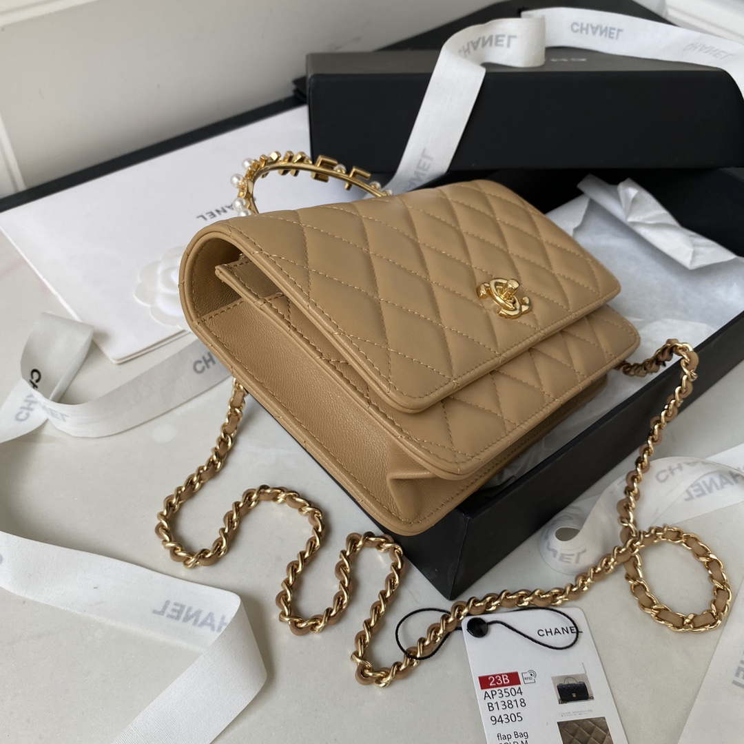 Chanel AP3504 Woc Wallet On Chain lambskin Imitation Pearls Strass & Gold Apricot - Default Title - View 9