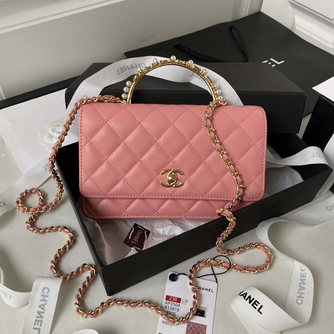Chanel AP3504 Woc Wallet On Chain lambskin Imitation Pearls Strass & Gold Pink - Default Title - View 1
