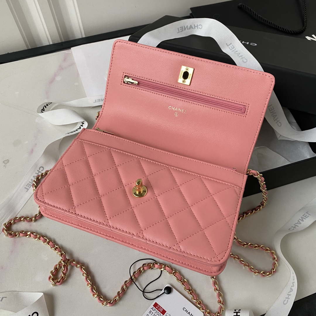 Chanel AP3504 Woc Wallet On Chain lambskin Imitation Pearls Strass & Gold Pink