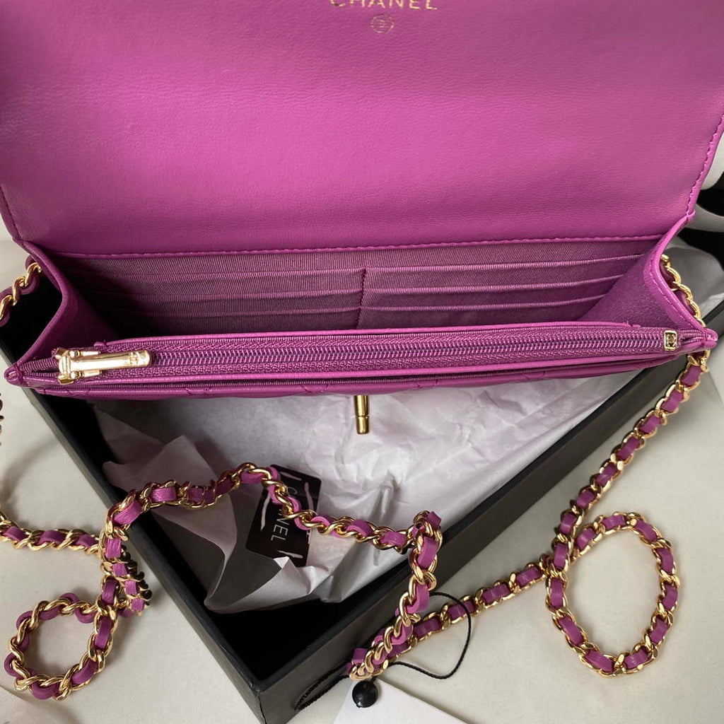 Chanel AP3504 Woc Wallet On Chain lambskin Imitation Pearls Strass & Gold Purple
