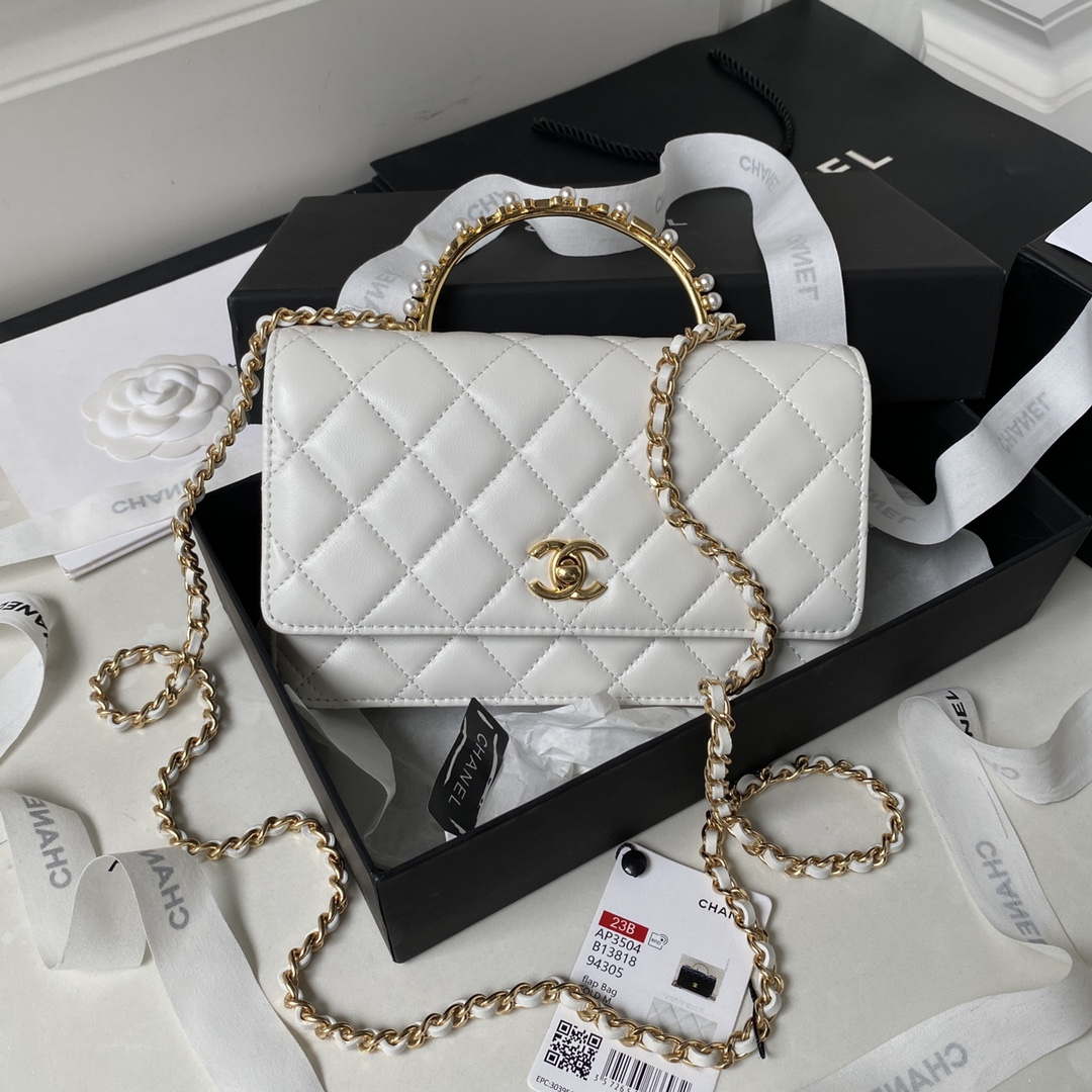Chanel AP3504 Woc Wallet On Chain lambskin Imitation Pearls Strass & Gold white - Default Title - View 4