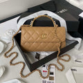 Chanel AP3512 Flap Phone Holder With Chain Lambskin Imitation Pearls Enamel & Gold Aprocot - Default Title - View 1