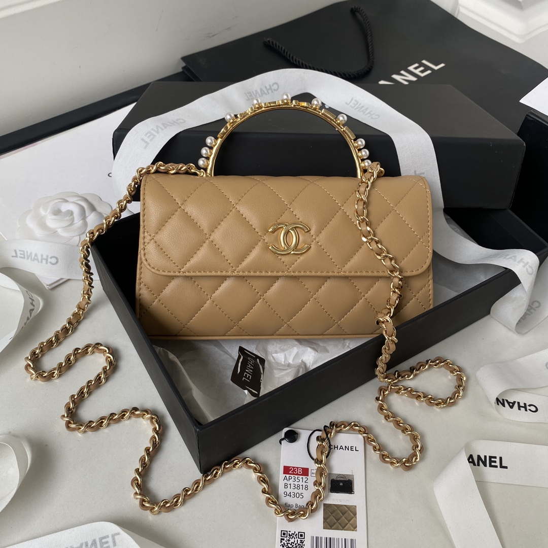 Chanel AP3512 Flap Phone Holder With Chain Lambskin Imitation Pearls Enamel & Gold Aprocot - Default Title - View 1