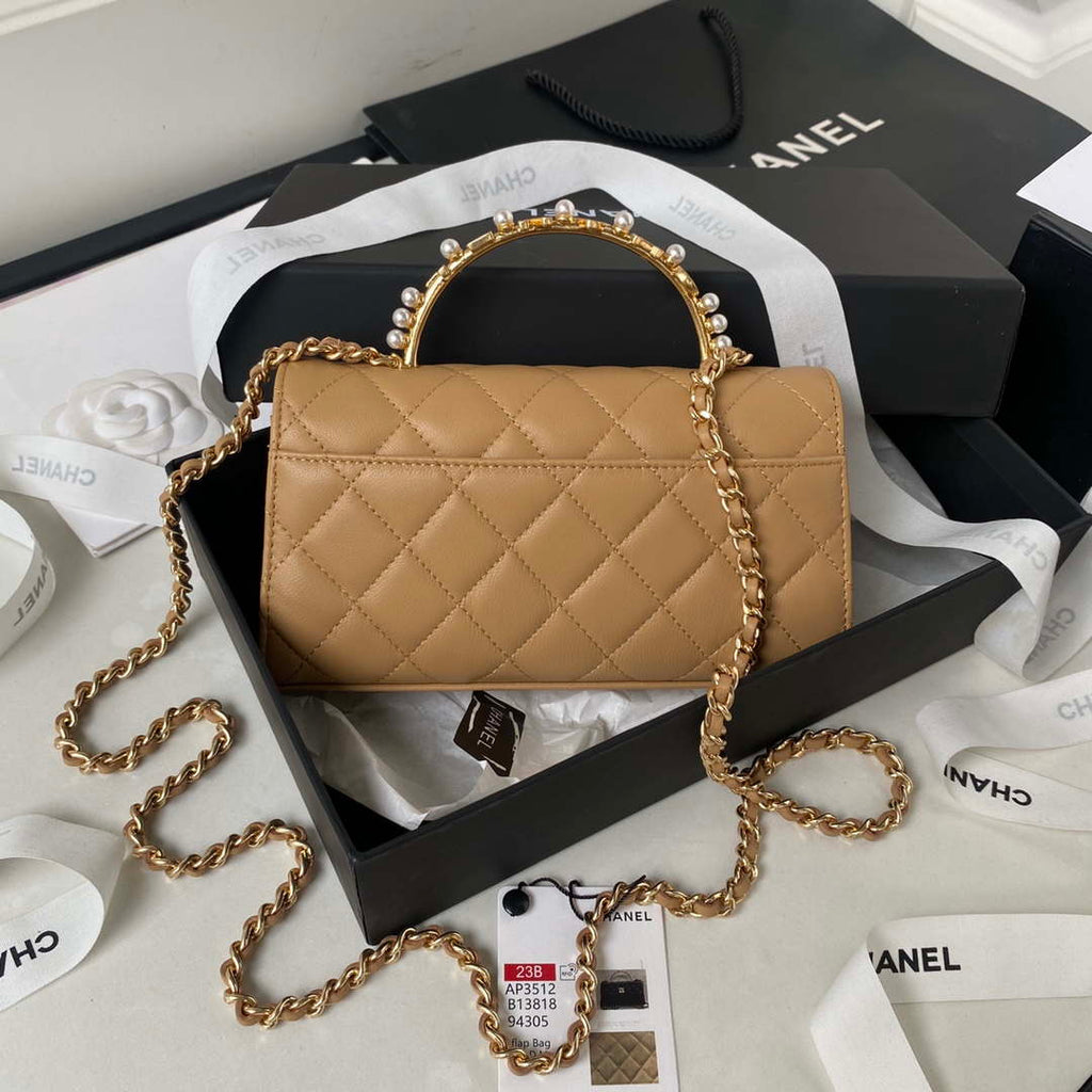 Chanel AP3512 Flap Phone Holder With Chain Lambskin Imitation Pearls Enamel & Gold Aprocot