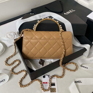 Chanel AP3512 Flap Phone Holder With Chain Lambskin Imitation Pearls Enamel & Gold Aprocot - Default Title - View 2