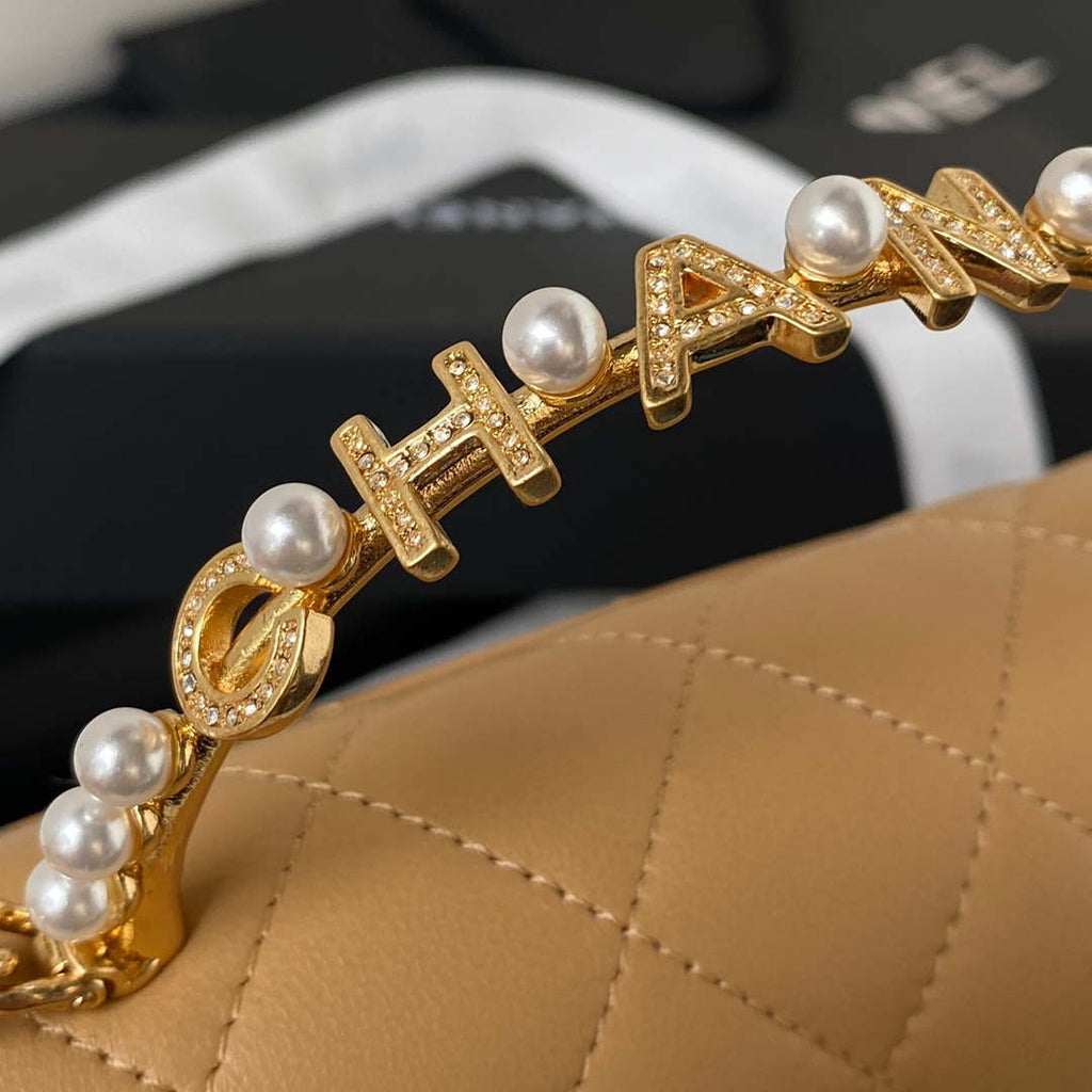 Chanel AP3512 Flap Phone Holder With Chain Lambskin Imitation Pearls Enamel & Gold Aprocot