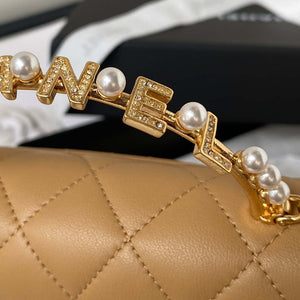 Chanel AP3512 Flap Phone Holder With Chain Lambskin Imitation Pearls Enamel & Gold Aprocot - Default Title - View 5