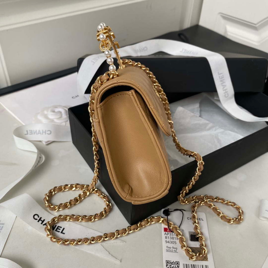 Chanel AP3512 Flap Phone Holder With Chain Lambskin Imitation Pearls Enamel & Gold Aprocot