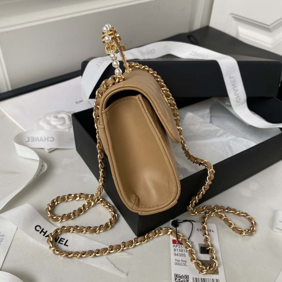 Chanel AP3512 Flap Phone Holder With Chain Lambskin Imitation Pearls Enamel & Gold Aprocot