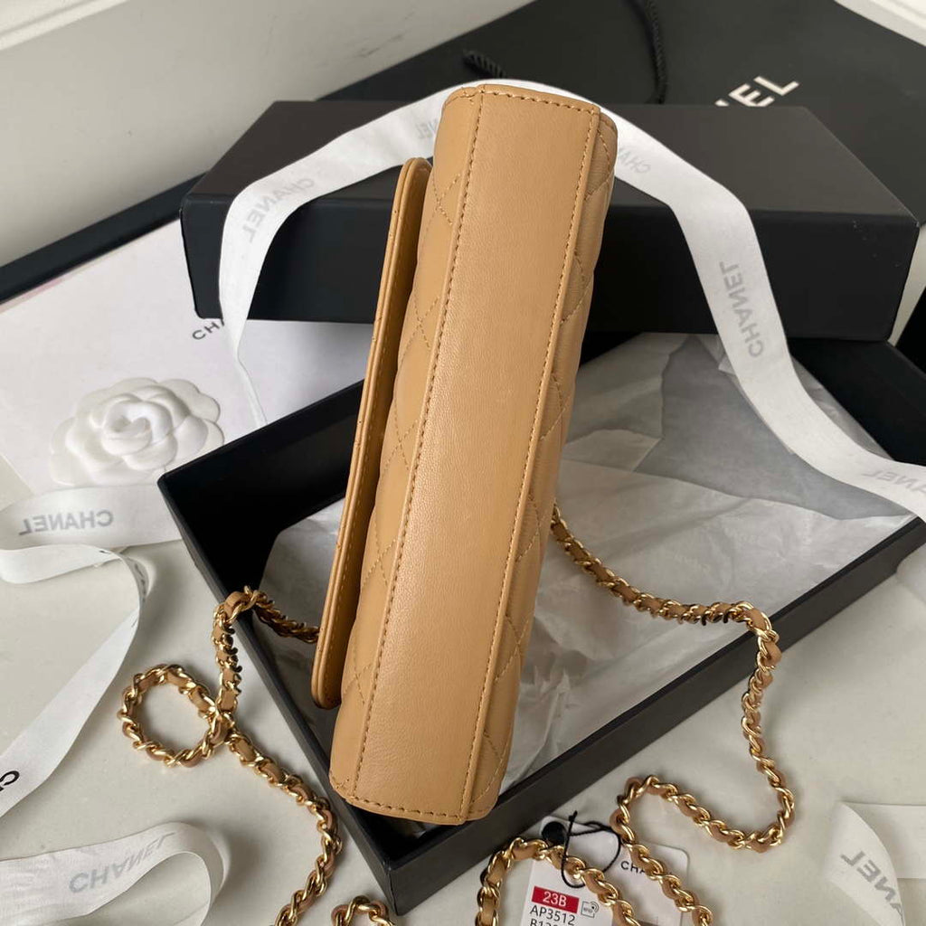 Chanel AP3512 Flap Phone Holder With Chain Lambskin Imitation Pearls Enamel & Gold Aprocot