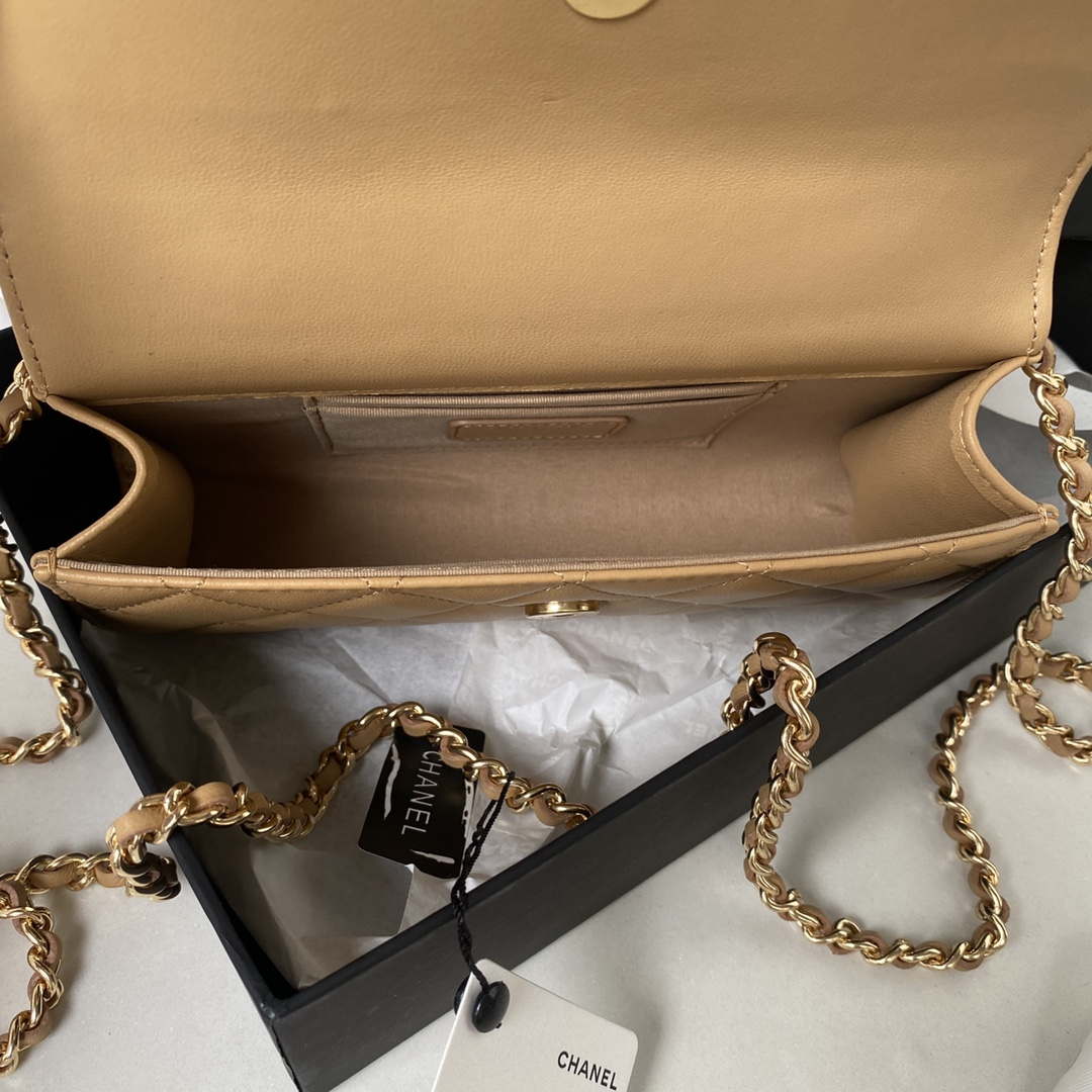Chanel AP3512 Flap Phone Holder With Chain Lambskin Imitation Pearls Enamel & Gold Aprocot