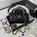 Chanel AP3512 Flap Phone Holder With Chain Lambskin Imitation Pearls Enamel & Gold Black - Default Title - View 1