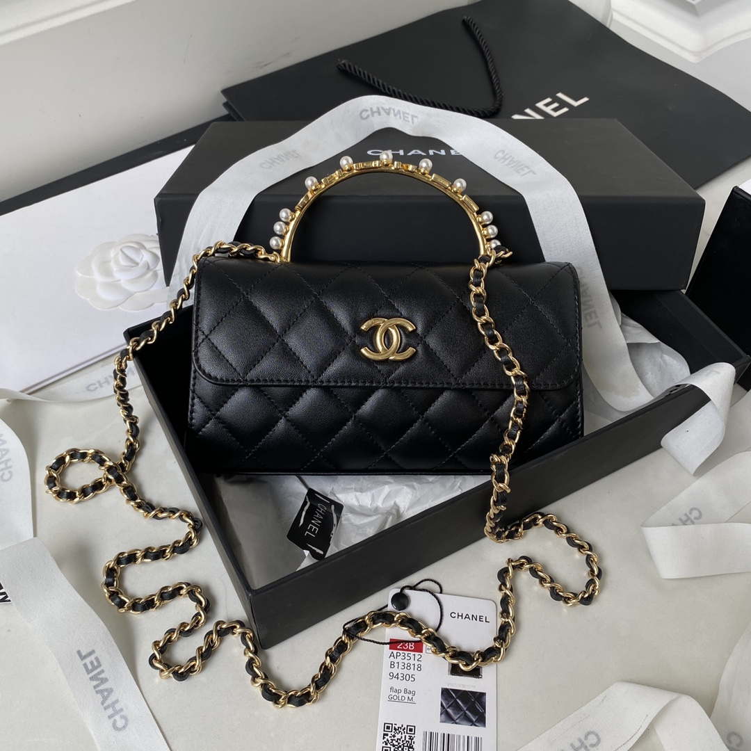 Chanel AP3512 Flap Phone Holder With Chain Lambskin Imitation Pearls Enamel & Gold Black - Default Title - View 1