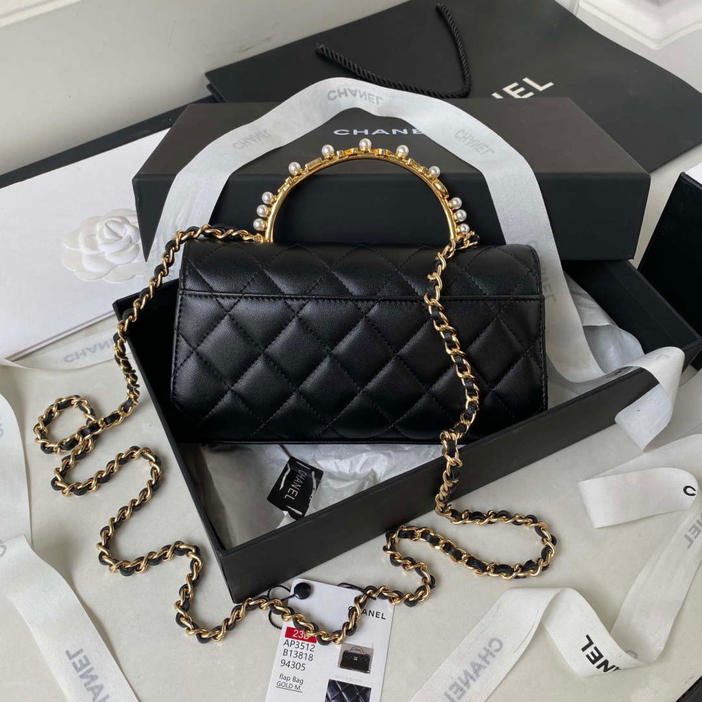 Chanel AP3512 Flap Phone Holder With Chain Lambskin Imitation Pearls Enamel & Gold Black