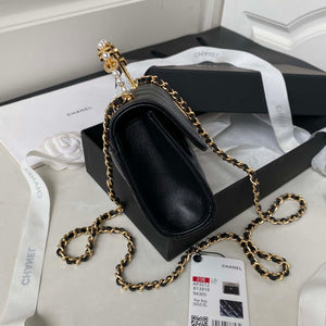 Chanel AP3512 Flap Phone Holder With Chain Lambskin Imitation Pearls Enamel & Gold Black - Default Title - View 5