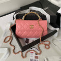 Chanel AP3512 Flap Phone Holder With Chain Lambskin Imitation Pearls Enamel & Gold Pink - Default Title - View 1