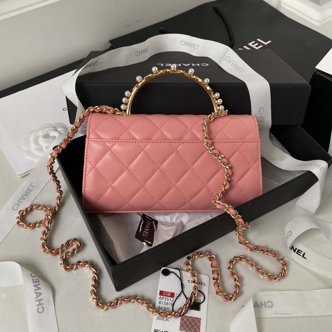 Chanel AP3512 Flap Phone Holder With Chain Lambskin Imitation Pearls Enamel & Gold Pink - Default Title - View 2