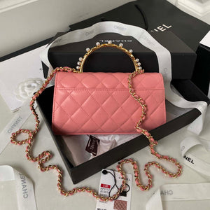 Chanel AP3512 Flap Phone Holder With Chain Lambskin Imitation Pearls Enamel & Gold Pink - Default Title - View 2