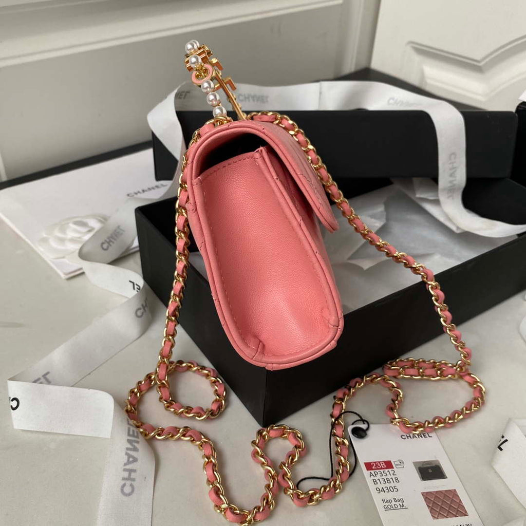 Chanel AP3512 Flap Phone Holder With Chain Lambskin Imitation Pearls Enamel & Gold Pink