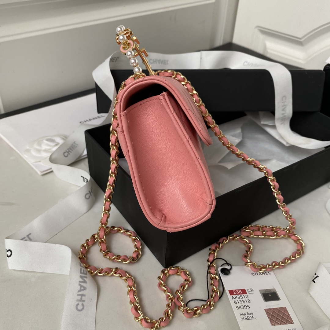 Chanel AP3512 Flap Phone Holder With Chain Lambskin Imitation Pearls Enamel & Gold Pink