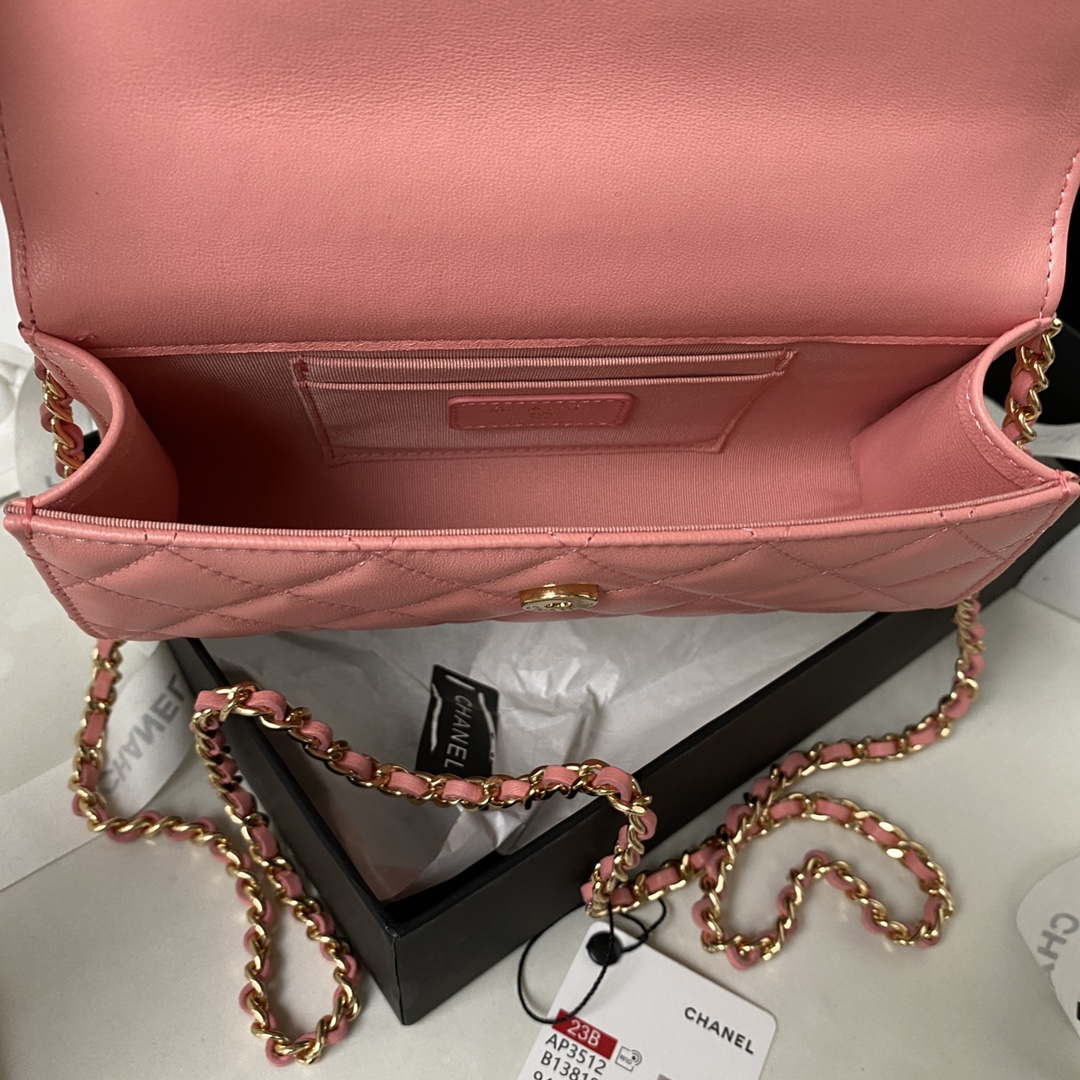 Chanel AP3512 Flap Phone Holder With Chain Lambskin Imitation Pearls Enamel & Gold Pink - Default Title - View 7