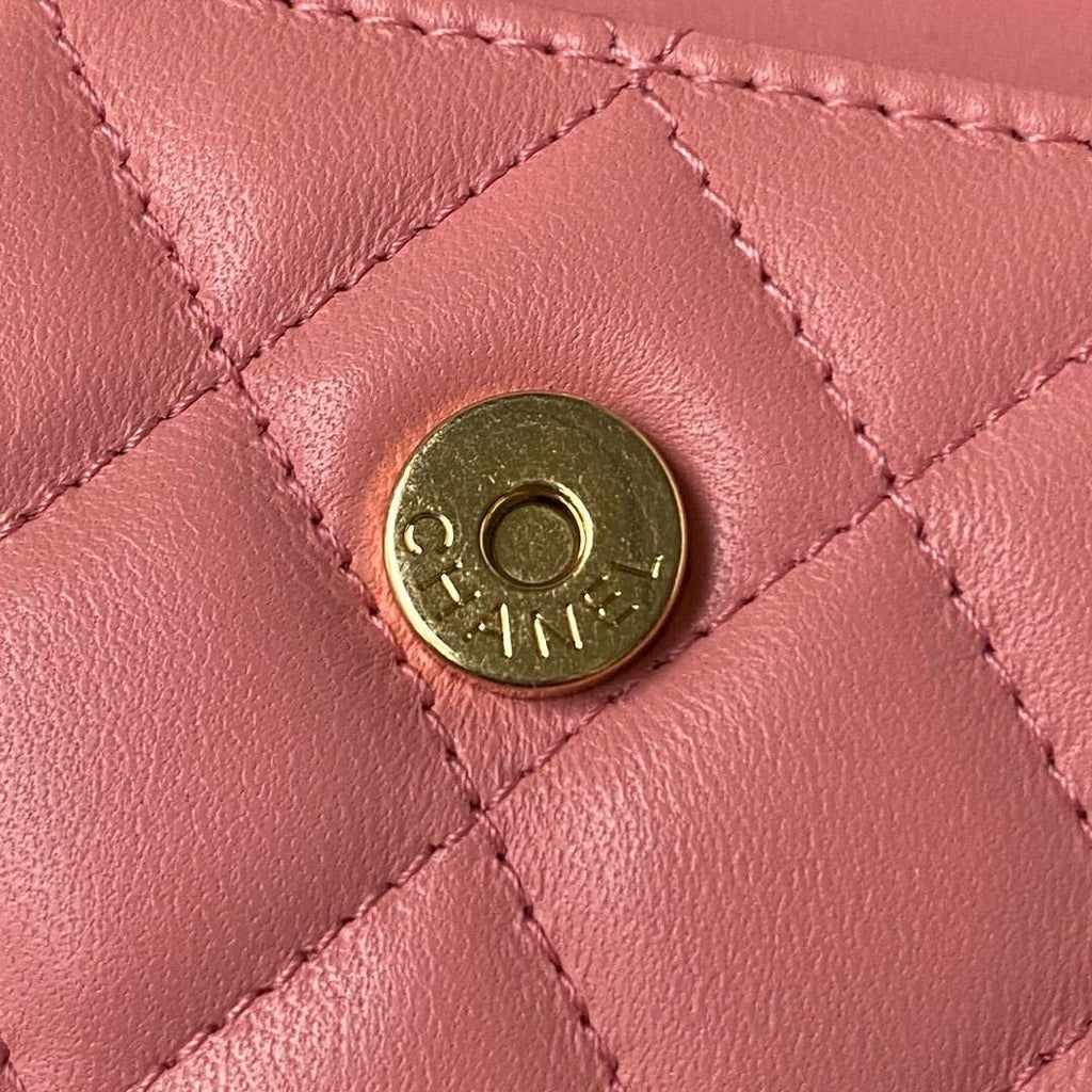 Chanel AP3512 Flap Phone Holder With Chain Lambskin Imitation Pearls Enamel & Gold Pink
