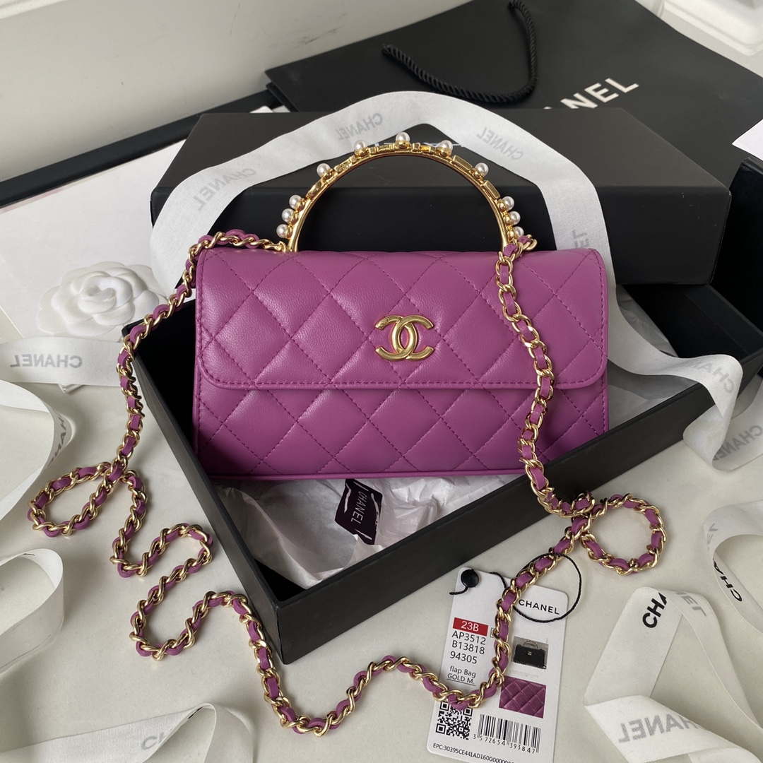 Chanel AP3512 Flap Phone Holder With Chain Lambskin Imitation Pearls Enamel & Gold Purple - Default Title - View 1