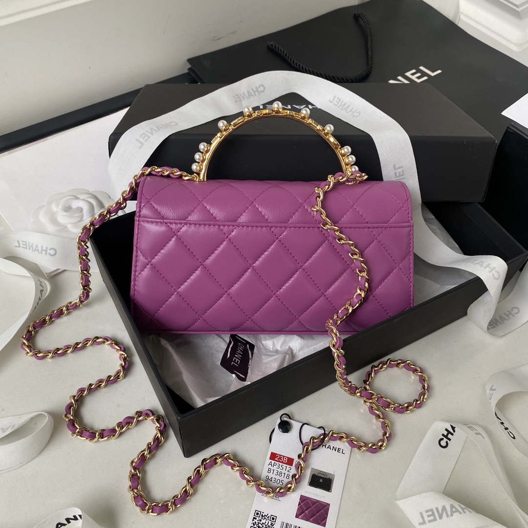 Chanel AP3512 Flap Phone Holder With Chain Lambskin Imitation Pearls Enamel & Gold Purple - Default Title - View 2